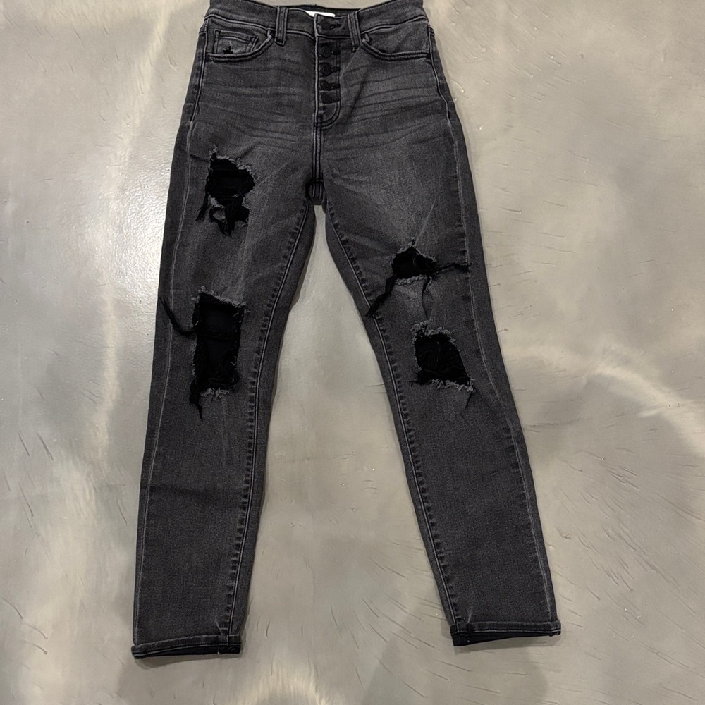 Charcoal Distressed Women's Cropped  Mom Jeans